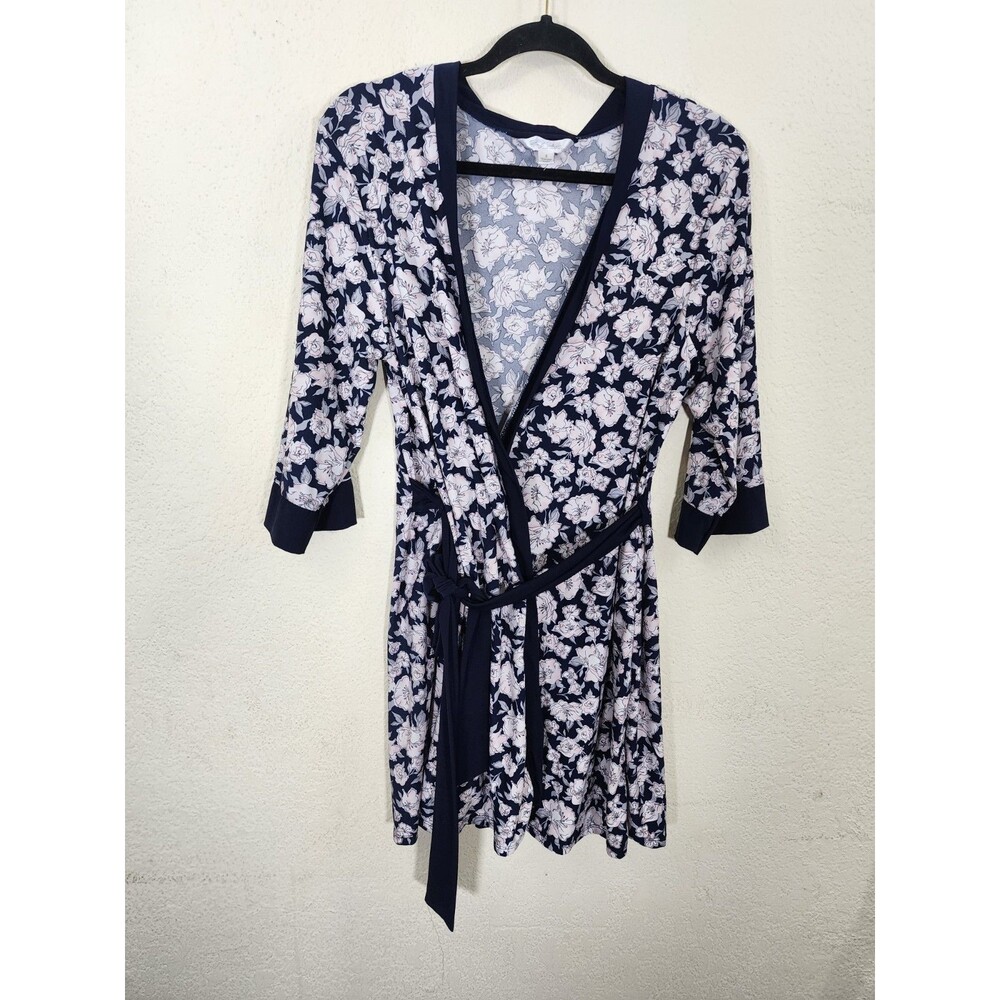 MARILYN MONROE Womens S Robe Navy Pink Floral Stretch Knit Wrap Attached Tie
